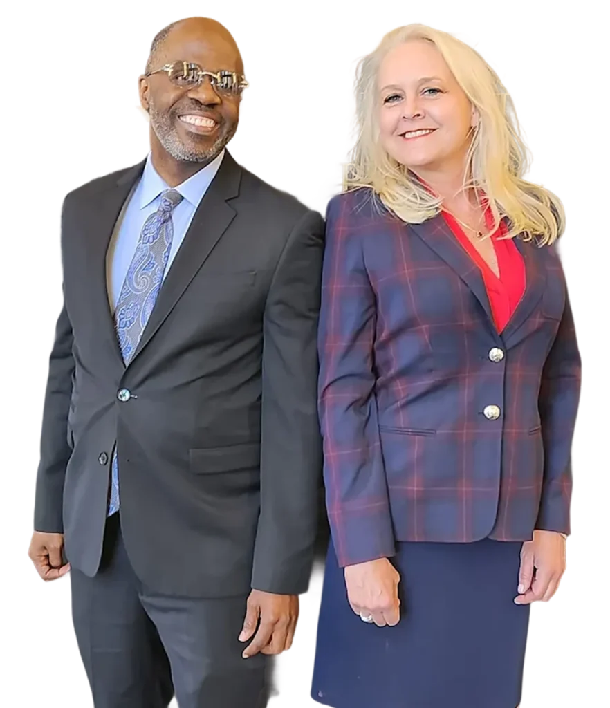 Professional law firm banner with attorney standing confidently in a formal setting